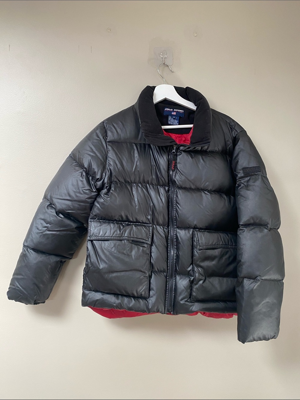 Vintage Polo Sport Ralph Lauren Black  Puffer Bomber Coat with Red Lining medium